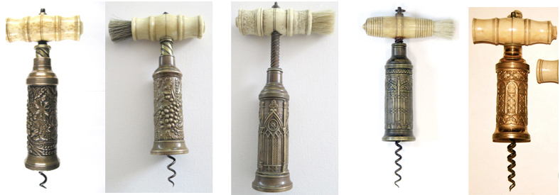 THOMASON TYPE CORKSCREWS WITH DECORATIVE GOTHIC WINDOWS OR HARVEST BARRELS